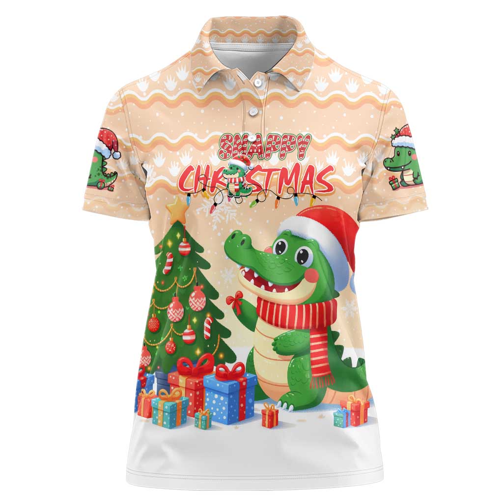 Crocodile Snappy Christmas Women Polo Shirt Cute Alligator Holiday Tree Cartoon Design - Wonder Print Shop