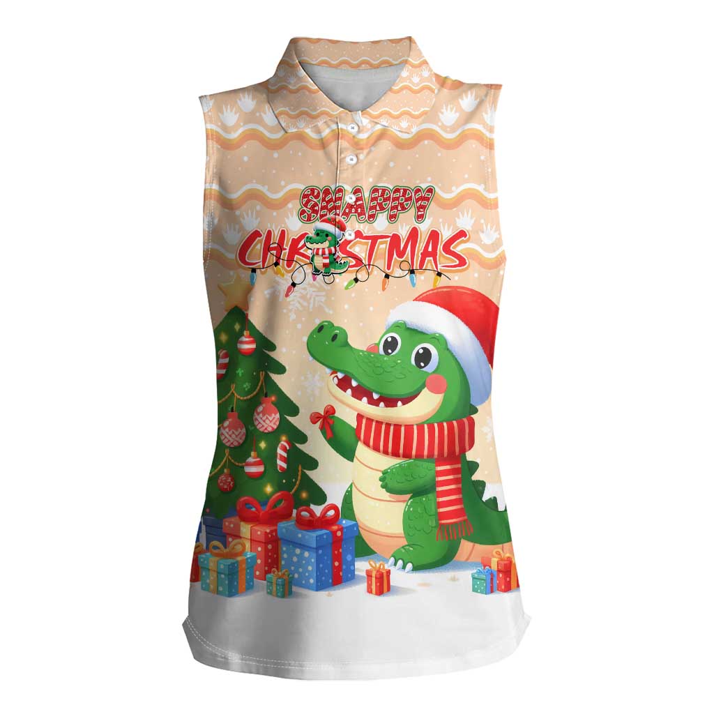 Crocodile Snappy Christmas Women Sleeveless Polo Shirt Cute Alligator Holiday Tree Cartoon Design - Wonder Print Shop