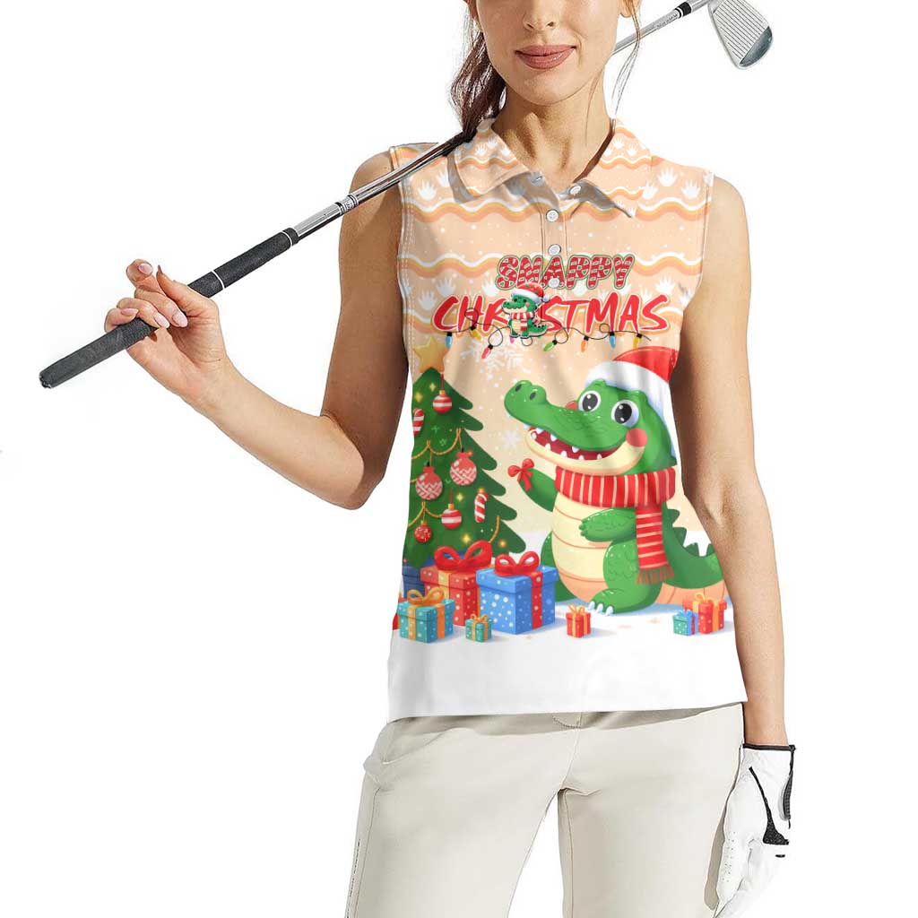 Crocodile Snappy Christmas Women Sleeveless Polo Shirt Cute Alligator Holiday Tree Cartoon Design - Wonder Print Shop