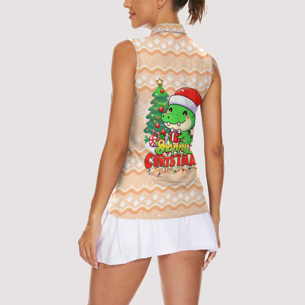 Crocodile Snappy Christmas Women Sleeveless Polo Shirt Cute Alligator Holiday Tree Cartoon Design - Wonder Print Shop