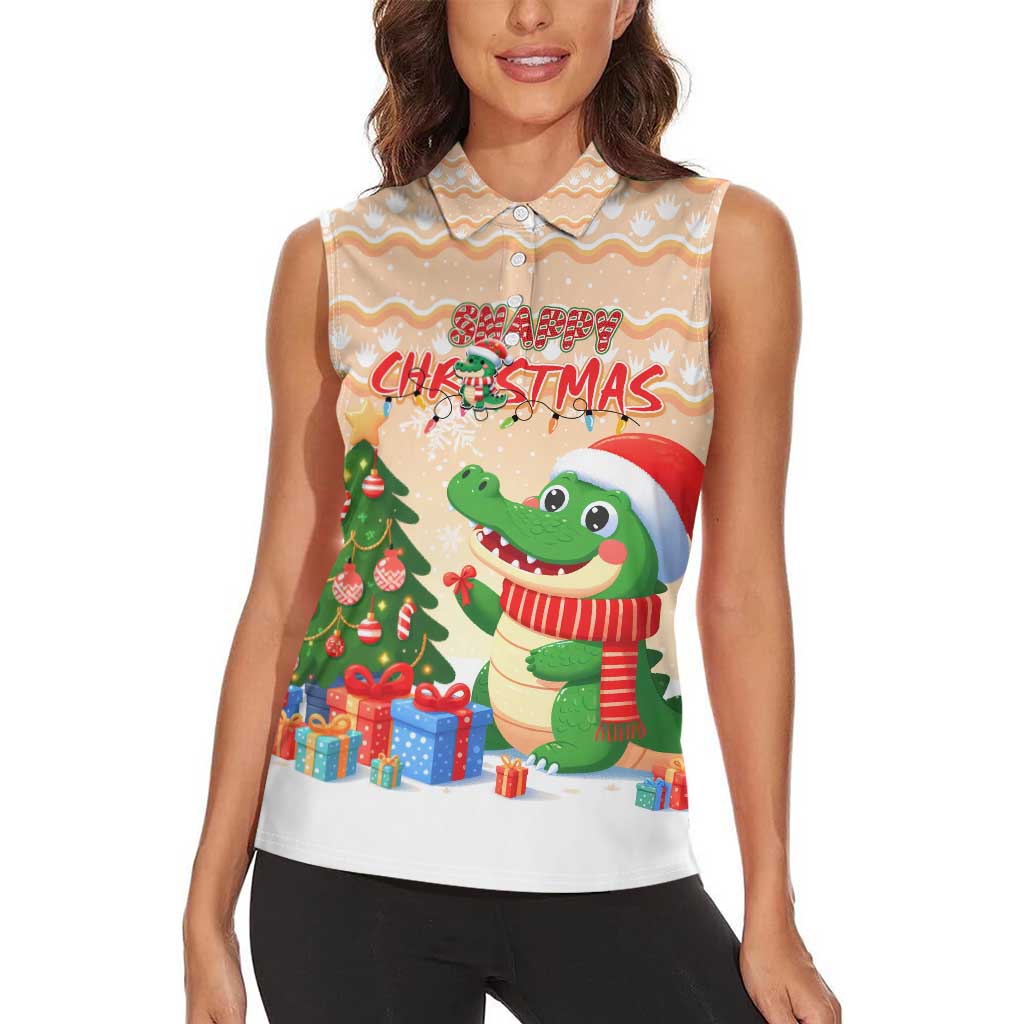 Crocodile Snappy Christmas Women Sleeveless Polo Shirt Cute Alligator Holiday Tree Cartoon Design - Wonder Print Shop