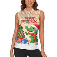 Crocodile Snappy Christmas Women Sleeveless Polo Shirt Cute Alligator Holiday Tree Cartoon Design - Wonder Print Shop