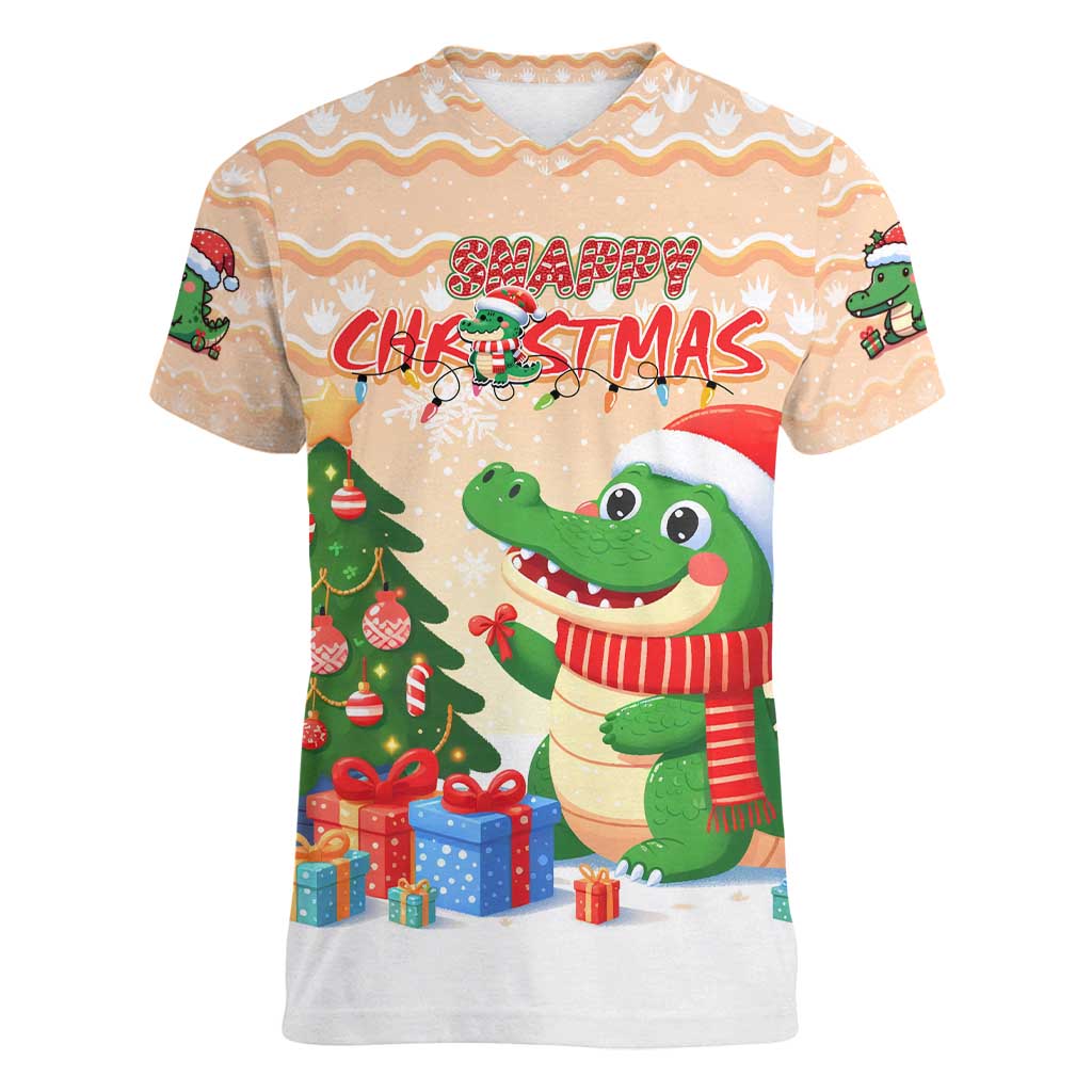 Crocodile Snappy Christmas Women V-Neck T-Shirt Cute Alligator Holiday Tree Cartoon Design - Wonder Print Shop