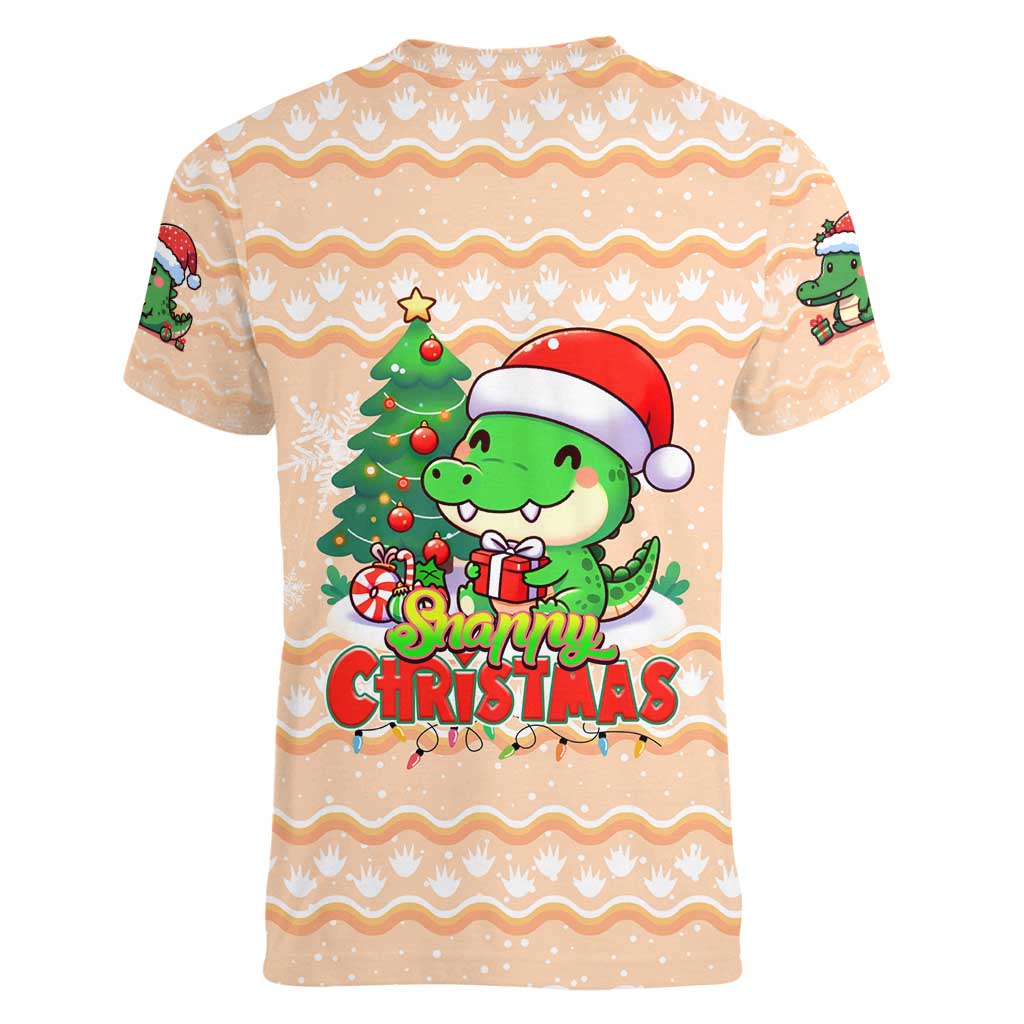 Crocodile Snappy Christmas Women V-Neck T-Shirt Cute Alligator Holiday Tree Cartoon Design - Wonder Print Shop