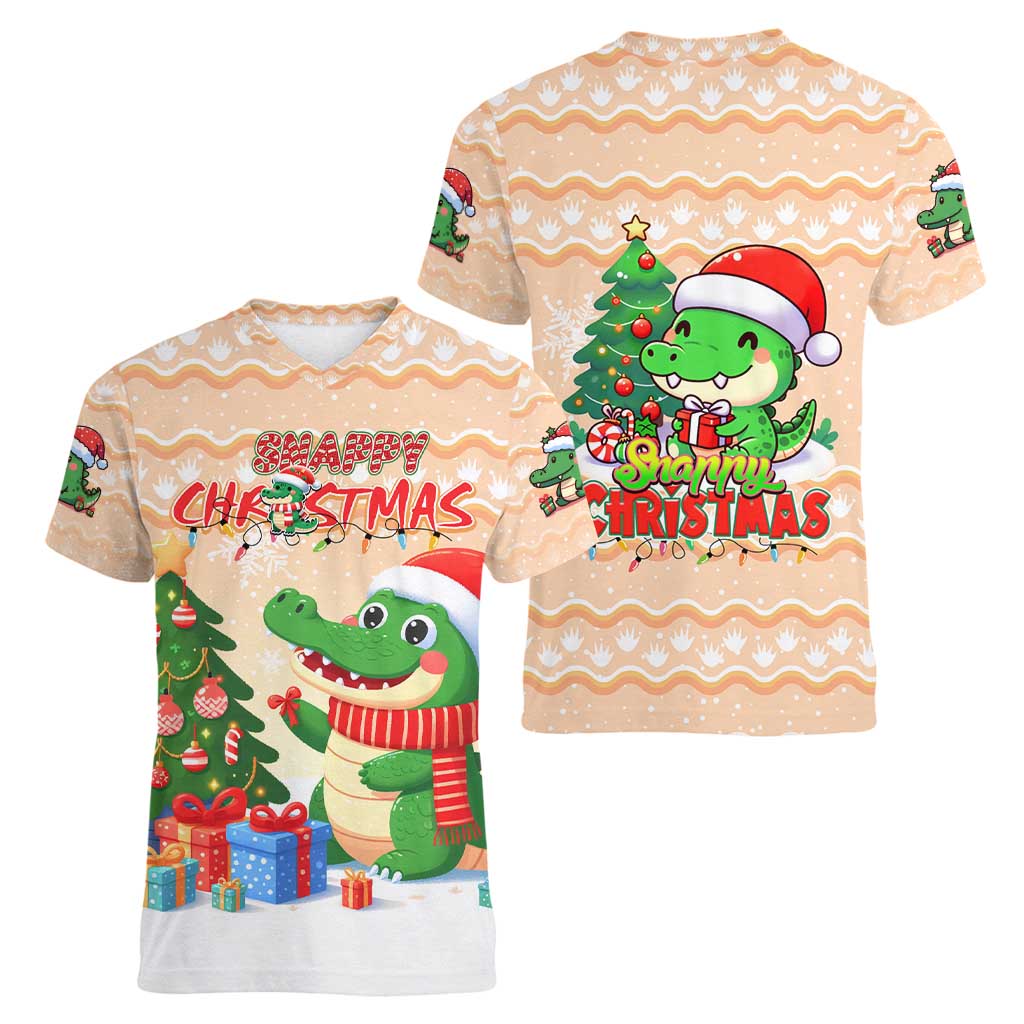 Crocodile Snappy Christmas Women V-Neck T-Shirt Cute Alligator Holiday Tree Cartoon Design - Wonder Print Shop