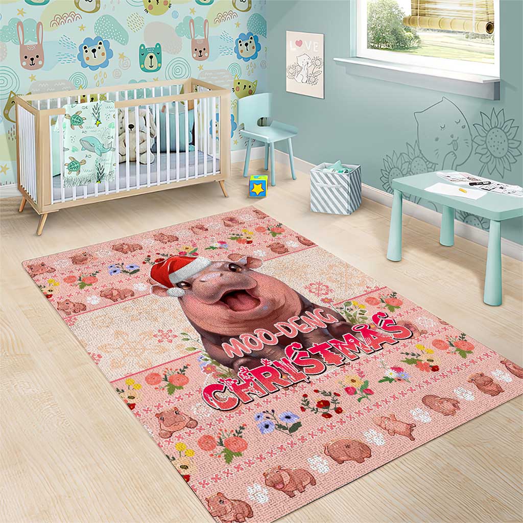 Moodeng Christmas Area Rug Cute Hippo Holiday with Pastel Floral Festive Vibes - Wonder Print Shop