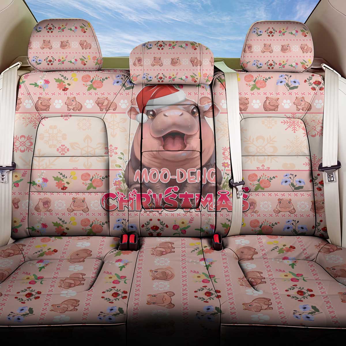 Moodeng Christmas Back Car Seat Cover Cute Hippo Holiday with Pastel Floral Festive Vibes - Wonder Print Shop