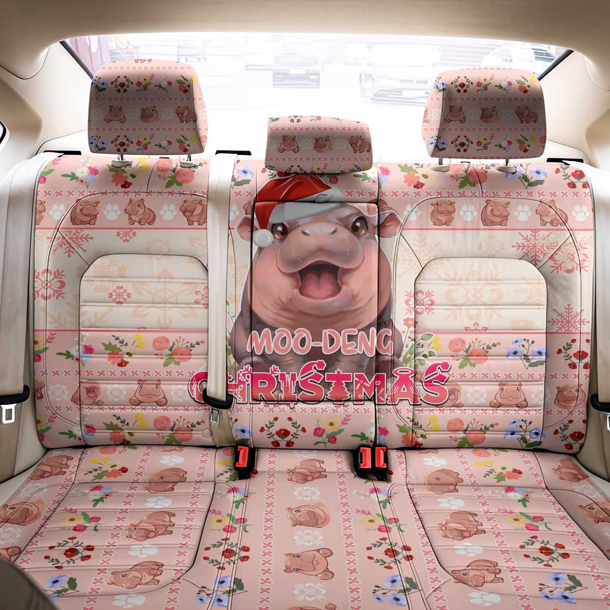 Moodeng Christmas Back Car Seat Cover Cute Hippo Holiday with Pastel Floral Festive Vibes - Wonder Print Shop
