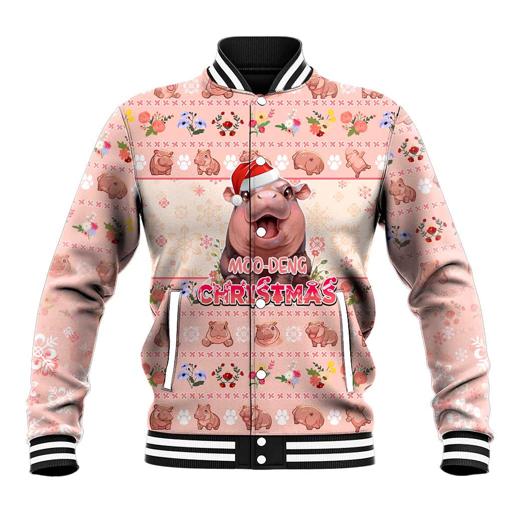 Moodeng Christmas Baseball Jacket Cute Hippo Holiday with Pastel Floral Festive Vibes - Wonder Print Shop