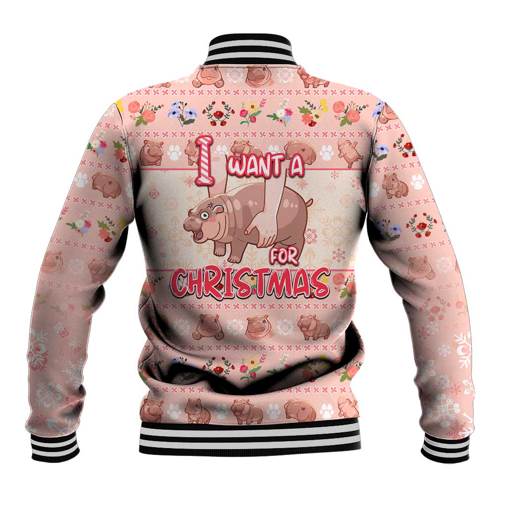 Moodeng Christmas Baseball Jacket Cute Hippo Holiday with Pastel Floral Festive Vibes - Wonder Print Shop