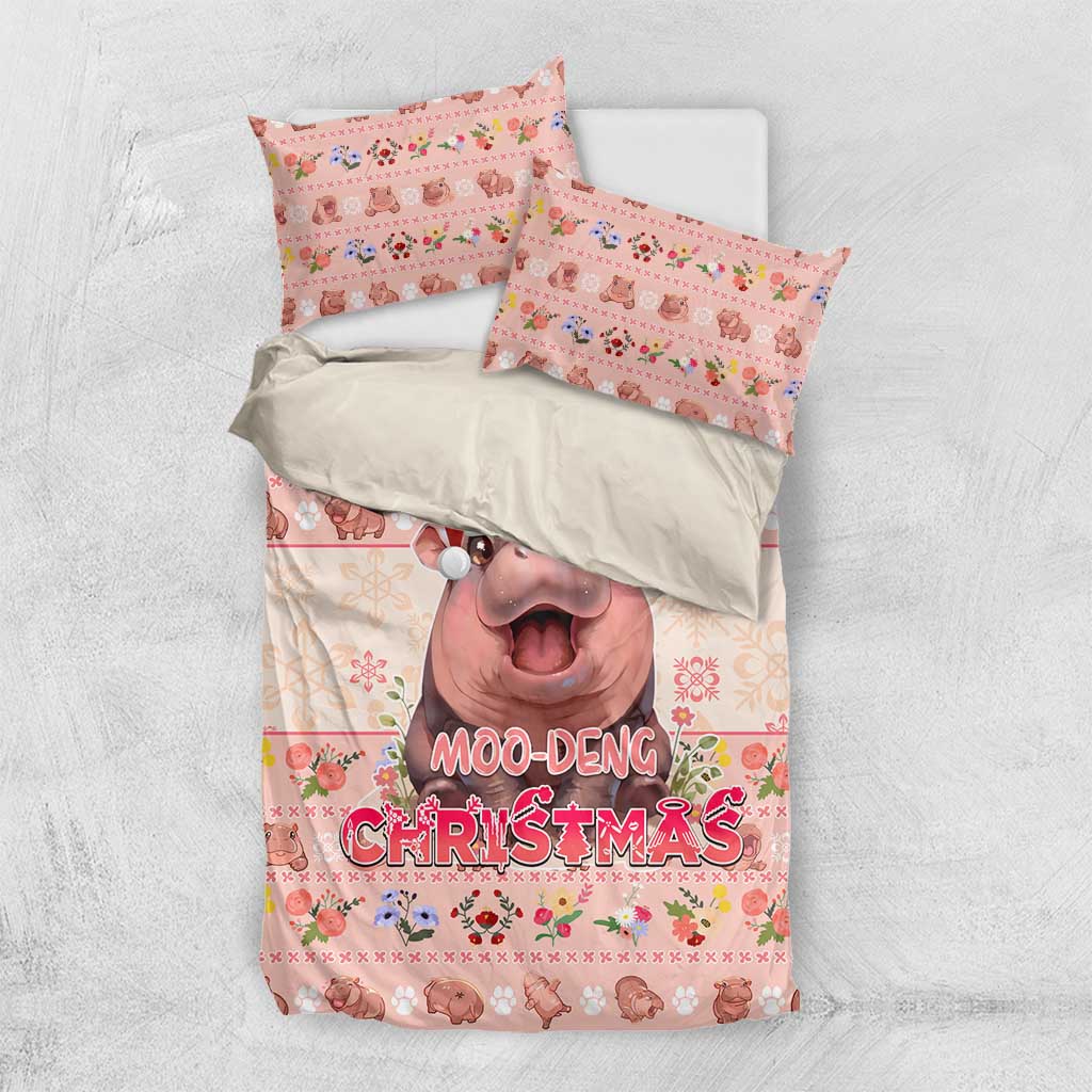 Moodeng Christmas Bedding Set Cute Hippo Holiday with Pastel Floral Festive Vibes - Wonder Print Shop