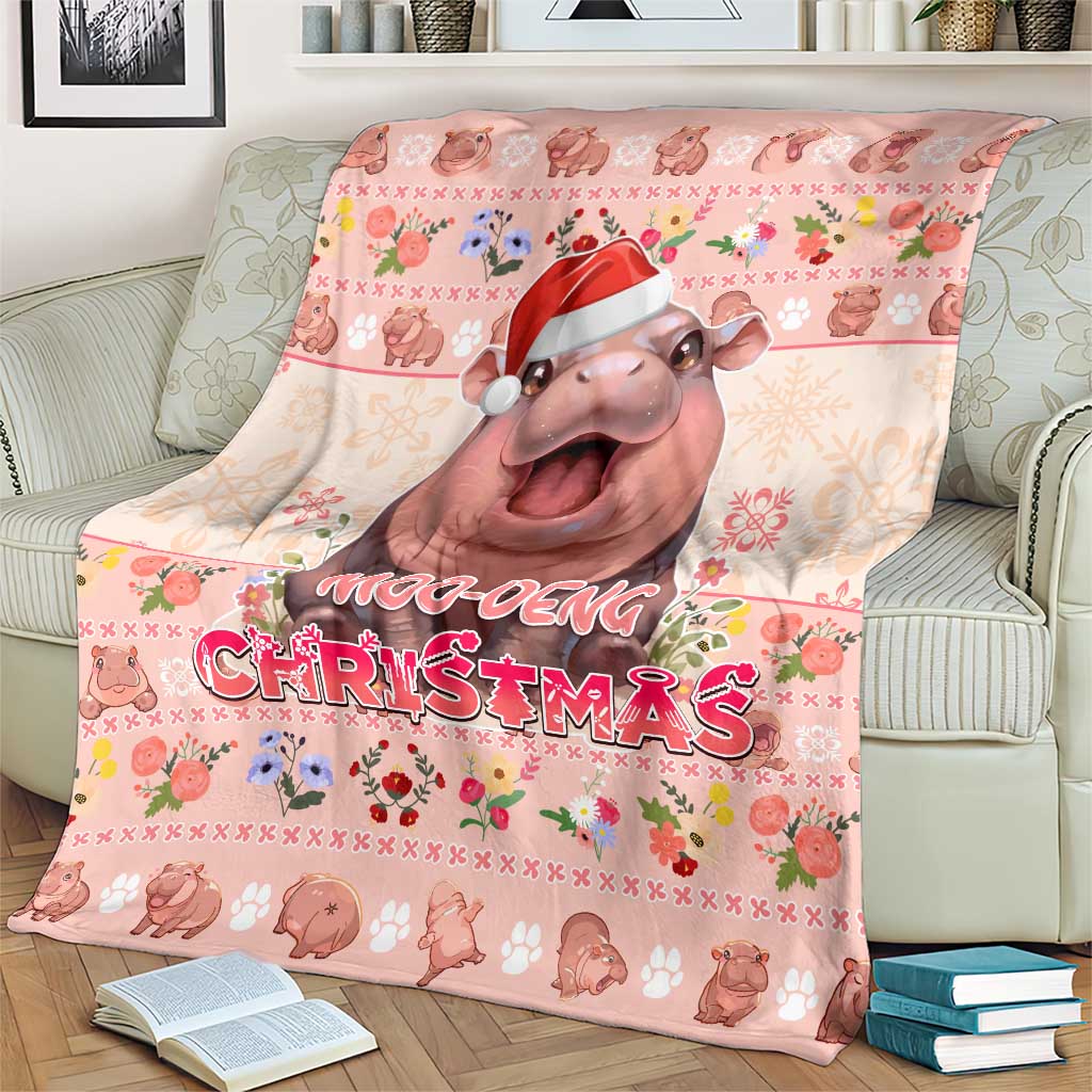Moodeng Christmas Blanket Cute Hippo Holiday with Pastel Floral Festive Vibes - Wonder Print Shop
