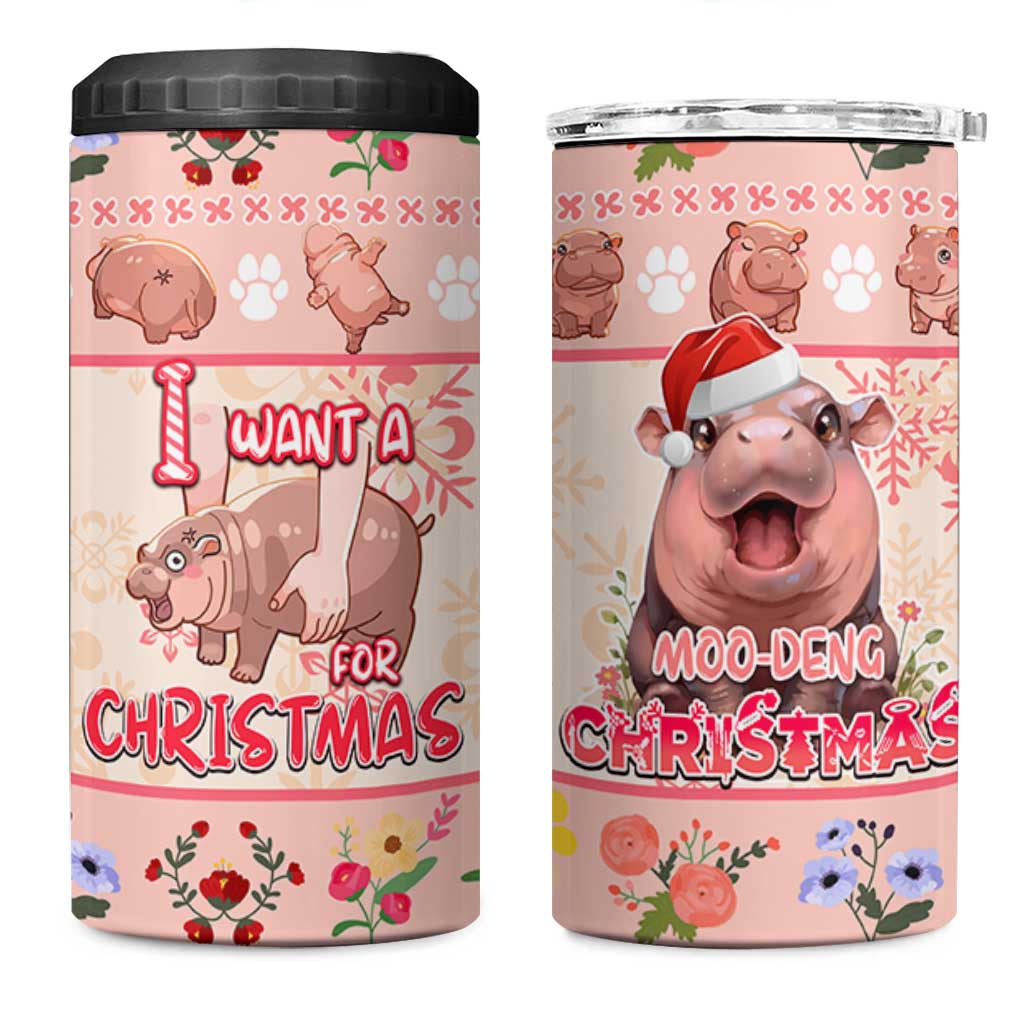 Moodeng Christmas 4 in 1 Can Cooler Tumbler Cute Hippo Holiday with Pastel Floral Festive Vibes - Wonder Print Shop