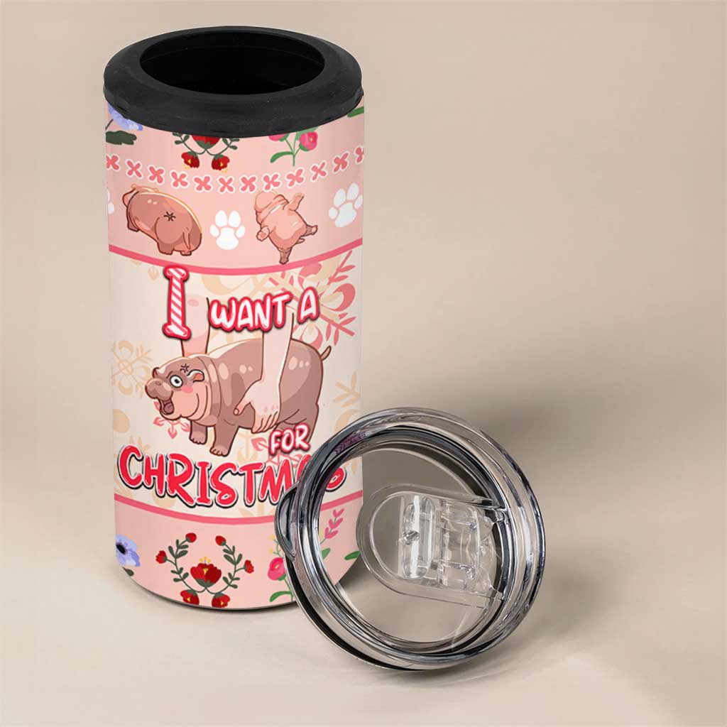 Moodeng Christmas 4 in 1 Can Cooler Tumbler Cute Hippo Holiday with Pastel Floral Festive Vibes - Wonder Print Shop