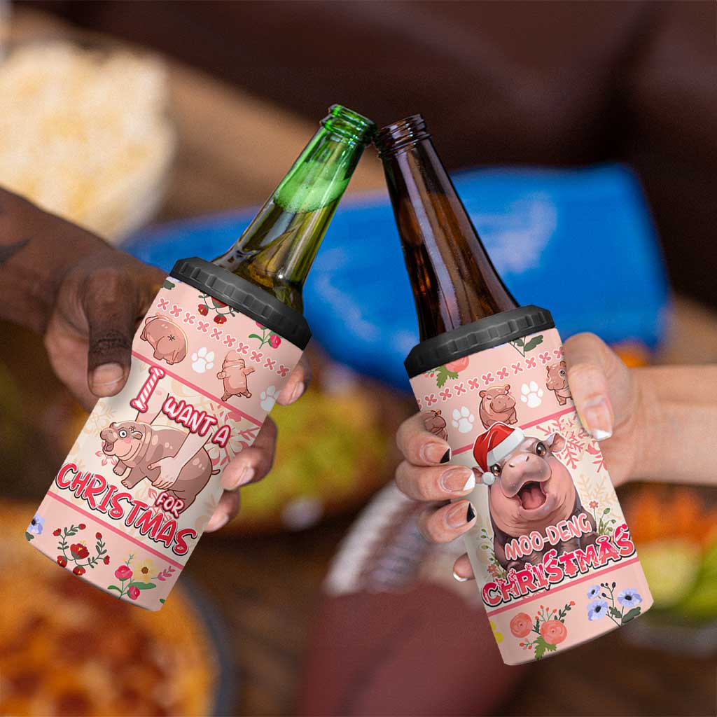 Moodeng Christmas 4 in 1 Can Cooler Tumbler Cute Hippo Holiday with Pastel Floral Festive Vibes - Wonder Print Shop