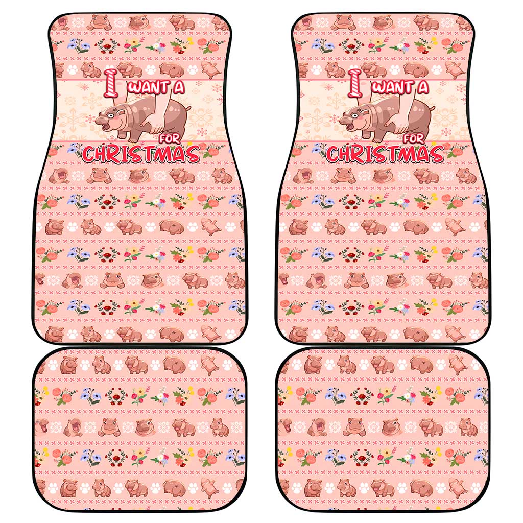 Moodeng Christmas Car Mats Cute Hippo Holiday with Pastel Floral Festive Vibes - Wonder Print Shop