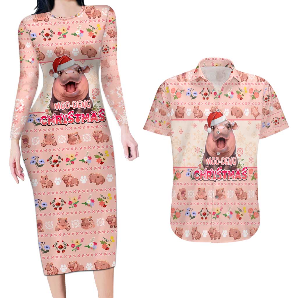 Moodeng Christmas Couples Matching Long Sleeve Bodycon Dress and Hawaiian Shirt Cute Hippo Holiday with Pastel Floral Festive Vibes - Wonder Print Shop
