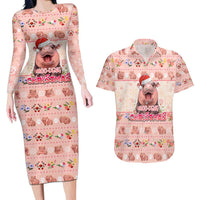 Moodeng Christmas Couples Matching Long Sleeve Bodycon Dress and Hawaiian Shirt Cute Hippo Holiday with Pastel Floral Festive Vibes - Wonder Print Shop
