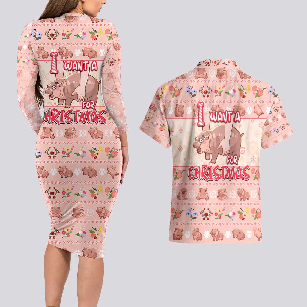 Moodeng Christmas Couples Matching Long Sleeve Bodycon Dress and Hawaiian Shirt Cute Hippo Holiday with Pastel Floral Festive Vibes - Wonder Print Shop