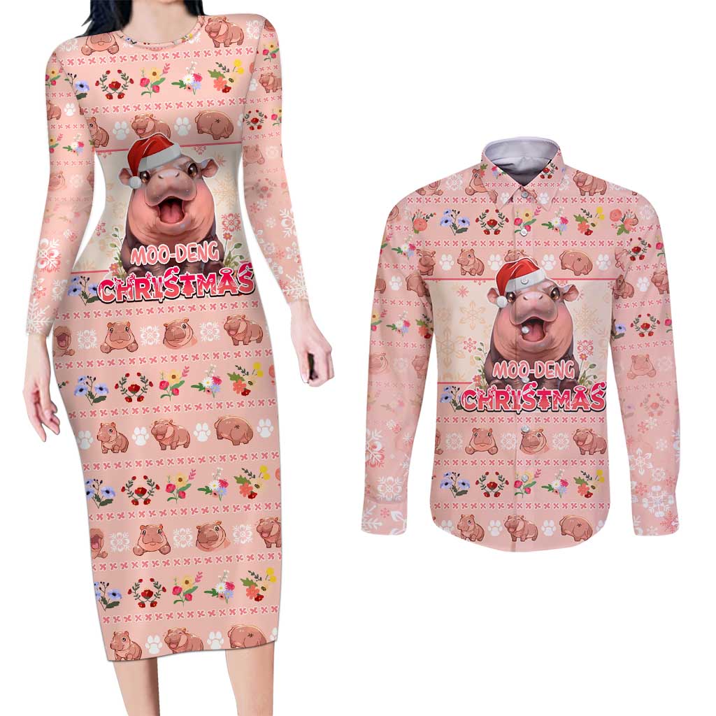 Moodeng Christmas Couples Matching Long Sleeve Bodycon Dress and Long Sleeve Button Shirt Cute Hippo Holiday with Pastel Floral Festive Vibes - Wonder Print Shop