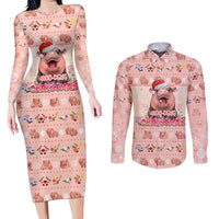 Moodeng Christmas Couples Matching Long Sleeve Bodycon Dress and Long Sleeve Button Shirt Cute Hippo Holiday with Pastel Floral Festive Vibes - Wonder Print Shop