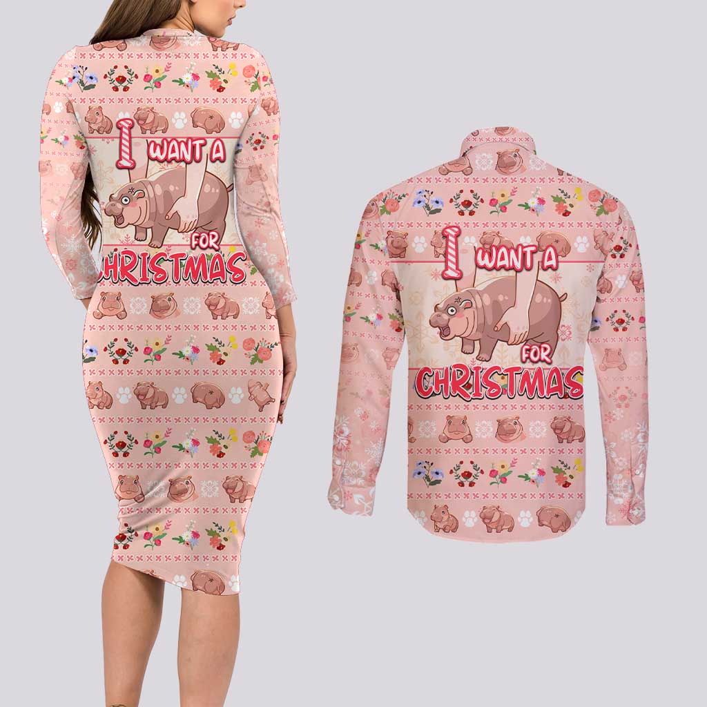 Moodeng Christmas Couples Matching Long Sleeve Bodycon Dress and Long Sleeve Button Shirt Cute Hippo Holiday with Pastel Floral Festive Vibes - Wonder Print Shop