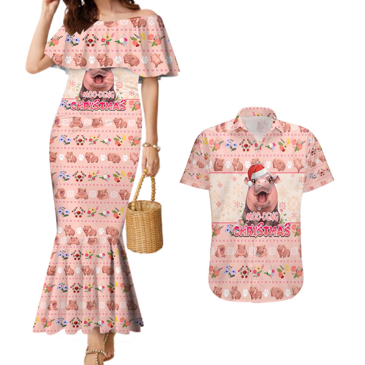 Moodeng Christmas Couples Matching Mermaid Dress and Hawaiian Shirt Cute Hippo Holiday with Pastel Floral Festive Vibes - Wonder Print Shop