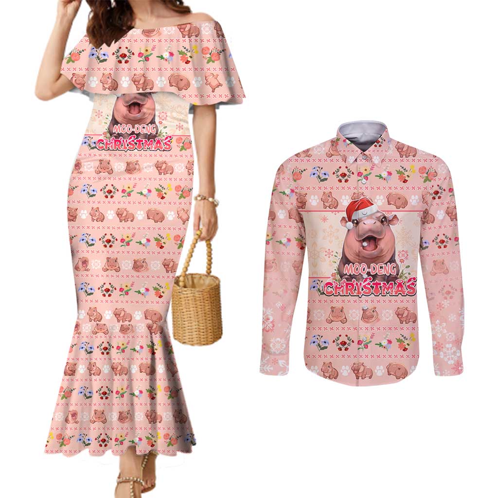 Moodeng Christmas Couples Matching Mermaid Dress and Long Sleeve Button Shirt Cute Hippo Holiday with Pastel Floral Festive Vibes - Wonder Print Shop