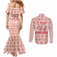 Moodeng Christmas Couples Matching Mermaid Dress and Long Sleeve Button Shirt Cute Hippo Holiday with Pastel Floral Festive Vibes - Wonder Print Shop