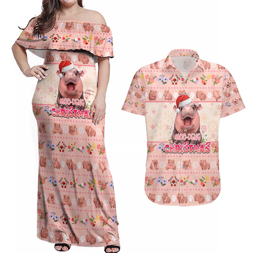 Moodeng Christmas Couples Matching Off Shoulder Maxi Dress and Hawaiian Shirt Cute Hippo Holiday with Pastel Floral Festive Vibes - Wonder Print Shop