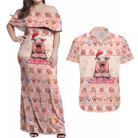 Moodeng Christmas Couples Matching Off Shoulder Maxi Dress and Hawaiian Shirt Cute Hippo Holiday with Pastel Floral Festive Vibes - Wonder Print Shop