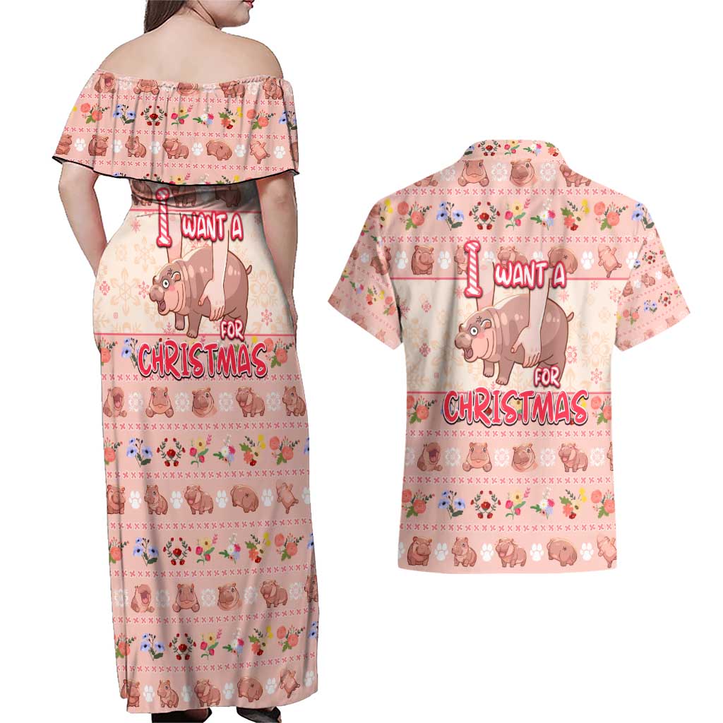 Moodeng Christmas Couples Matching Off Shoulder Maxi Dress and Hawaiian Shirt Cute Hippo Holiday with Pastel Floral Festive Vibes - Wonder Print Shop