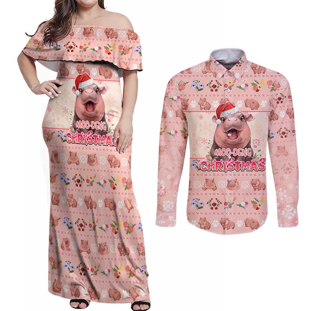 Moodeng Christmas Couples Matching Off Shoulder Maxi Dress and Long Sleeve Button Shirt Cute Hippo Holiday with Pastel Floral Festive Vibes - Wonder Print Shop