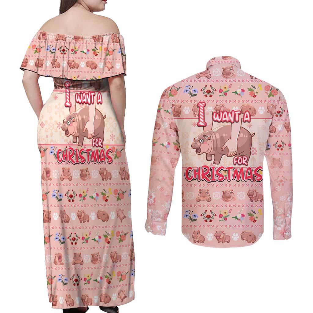 Moodeng Christmas Couples Matching Off Shoulder Maxi Dress and Long Sleeve Button Shirt Cute Hippo Holiday with Pastel Floral Festive Vibes - Wonder Print Shop