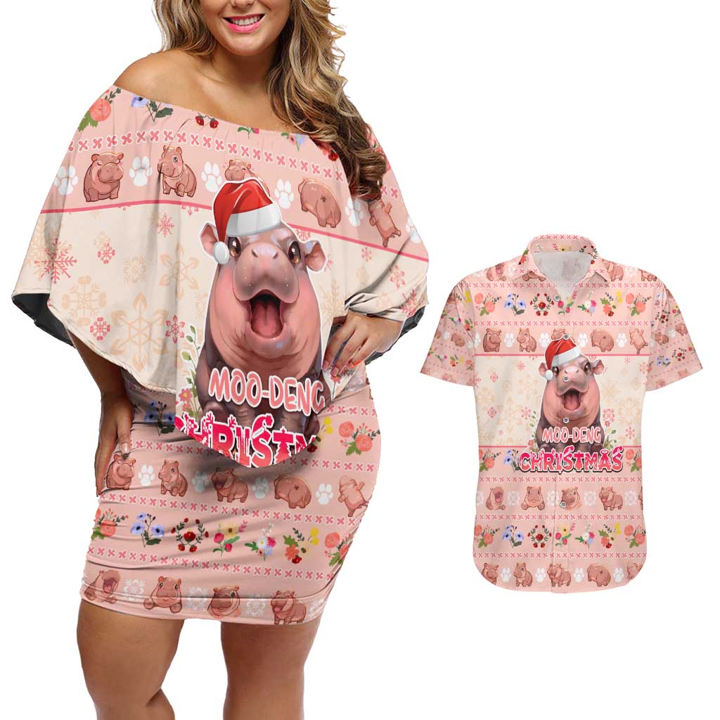 Moodeng Christmas Couples Matching Off Shoulder Short Dress and Hawaiian Shirt Cute Hippo Holiday with Pastel Floral Festive Vibes - Wonder Print Shop