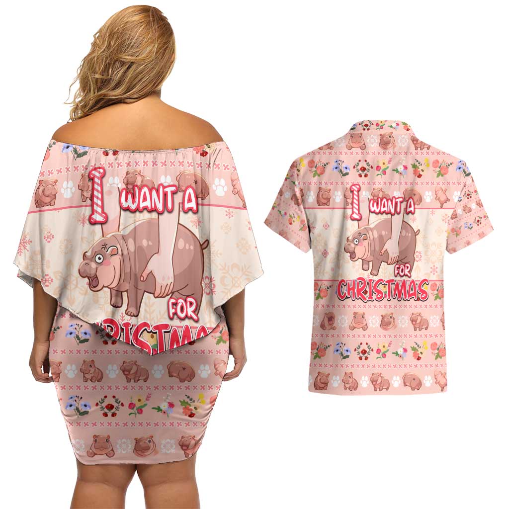 Moodeng Christmas Couples Matching Off Shoulder Short Dress and Hawaiian Shirt Cute Hippo Holiday with Pastel Floral Festive Vibes - Wonder Print Shop