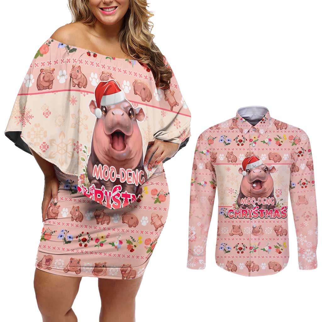 Moodeng Christmas Couples Matching Off Shoulder Short Dress and Long Sleeve Button Shirt Cute Hippo Holiday with Pastel Floral Festive Vibes - Wonder Print Shop