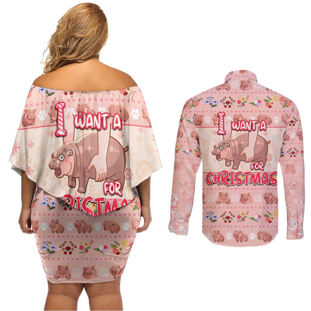 Moodeng Christmas Couples Matching Off Shoulder Short Dress and Long Sleeve Button Shirt Cute Hippo Holiday with Pastel Floral Festive Vibes - Wonder Print Shop