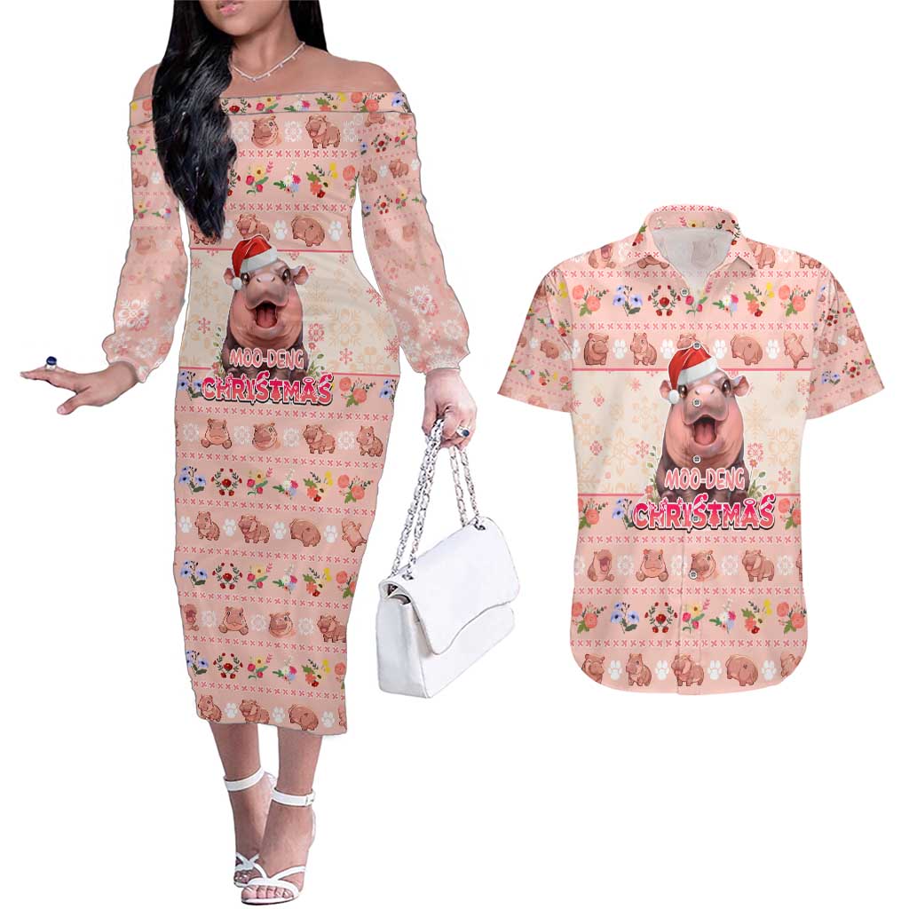 Moodeng Christmas Couples Matching Off The Shoulder Long Sleeve Dress and Hawaiian Shirt Cute Hippo Holiday with Pastel Floral Festive Vibes - Wonder Print Shop