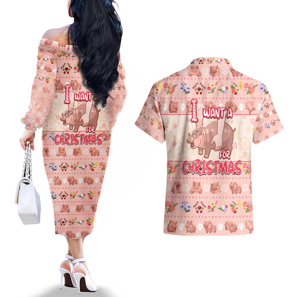 Moodeng Christmas Couples Matching Off The Shoulder Long Sleeve Dress and Hawaiian Shirt Cute Hippo Holiday with Pastel Floral Festive Vibes - Wonder Print Shop