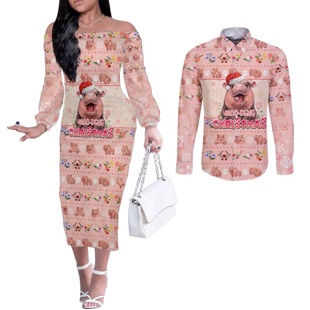 Moodeng Christmas Couples Matching Off The Shoulder Long Sleeve Dress and Long Sleeve Button Shirt Cute Hippo Holiday with Pastel Floral Festive Vibes - Wonder Print Shop