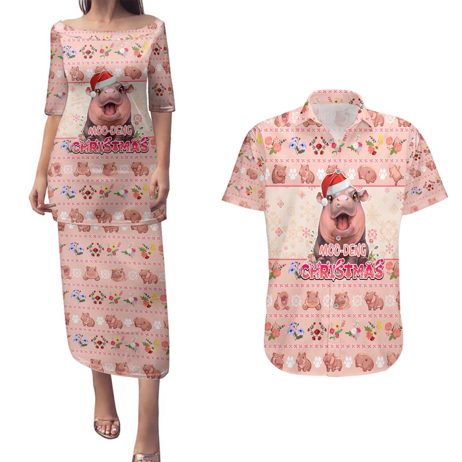 Moodeng Christmas Couples Matching Puletasi and Hawaiian Shirt Cute Hippo Holiday with Pastel Floral Festive Vibes - Wonder Print Shop