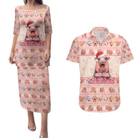 Moodeng Christmas Couples Matching Puletasi and Hawaiian Shirt Cute Hippo Holiday with Pastel Floral Festive Vibes - Wonder Print Shop