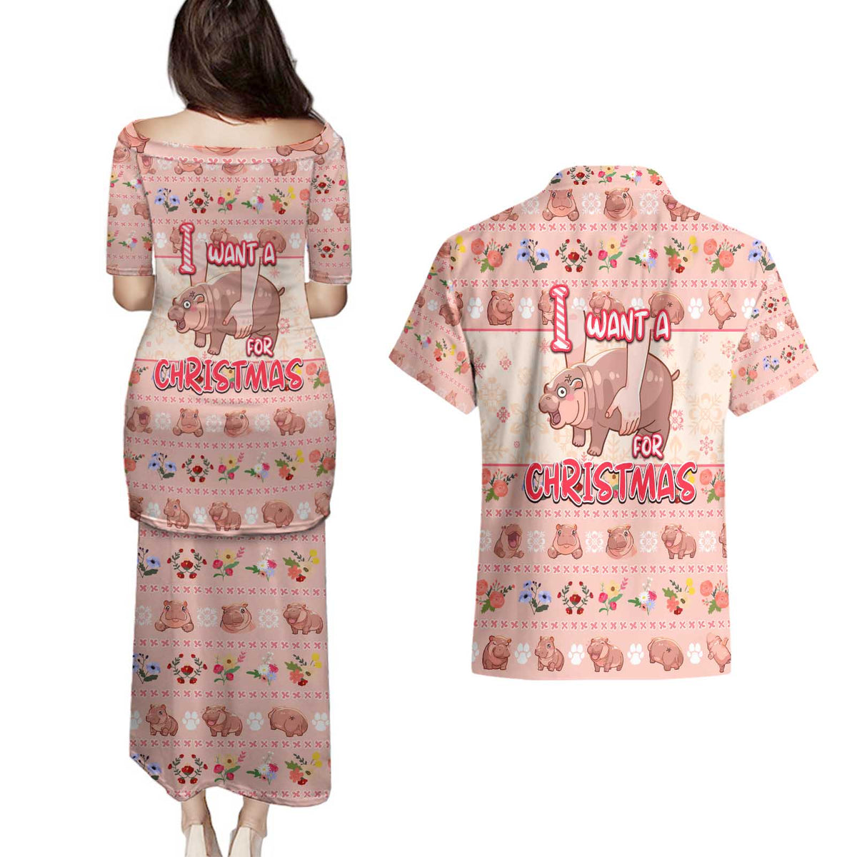 Moodeng Christmas Couples Matching Puletasi and Hawaiian Shirt Cute Hippo Holiday with Pastel Floral Festive Vibes - Wonder Print Shop