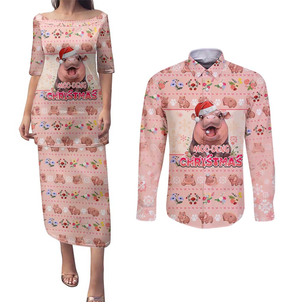 Moodeng Christmas Couples Matching Puletasi and Long Sleeve Button Shirt Cute Hippo Holiday with Pastel Floral Festive Vibes - Wonder Print Shop