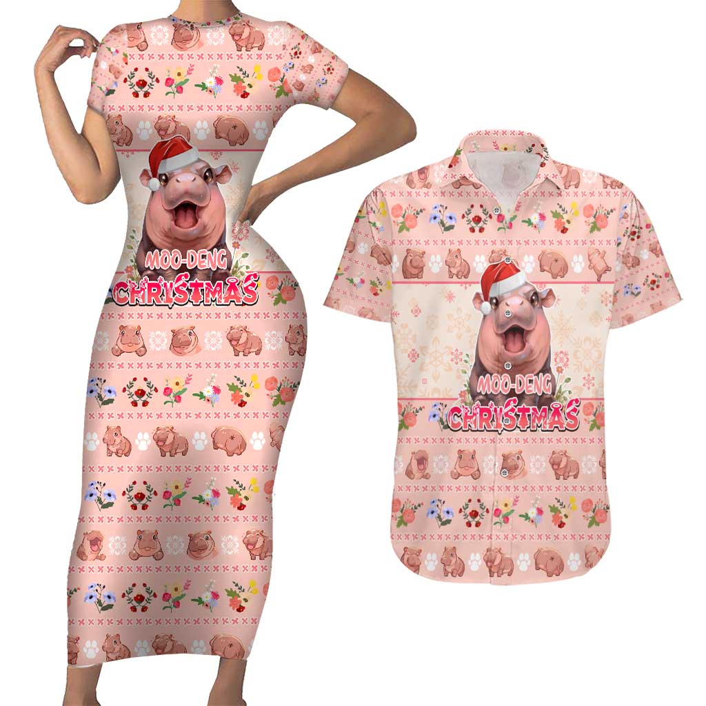Moodeng Christmas Couples Matching Short Sleeve Bodycon Dress and Hawaiian Shirt Cute Hippo Holiday with Pastel Floral Festive Vibes - Wonder Print Shop