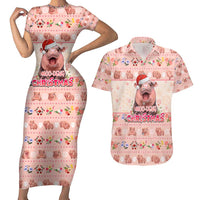 Moodeng Christmas Couples Matching Short Sleeve Bodycon Dress and Hawaiian Shirt Cute Hippo Holiday with Pastel Floral Festive Vibes - Wonder Print Shop