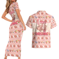 Moodeng Christmas Couples Matching Short Sleeve Bodycon Dress and Hawaiian Shirt Cute Hippo Holiday with Pastel Floral Festive Vibes - Wonder Print Shop