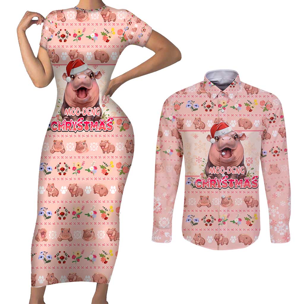 Moodeng Christmas Couples Matching Short Sleeve Bodycon Dress and Long Sleeve Button Shirt Cute Hippo Holiday with Pastel Floral Festive Vibes - Wonder Print Shop