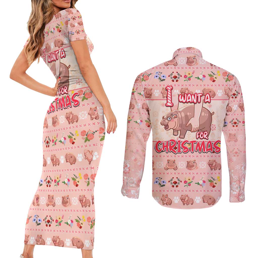 Moodeng Christmas Couples Matching Short Sleeve Bodycon Dress and Long Sleeve Button Shirt Cute Hippo Holiday with Pastel Floral Festive Vibes - Wonder Print Shop